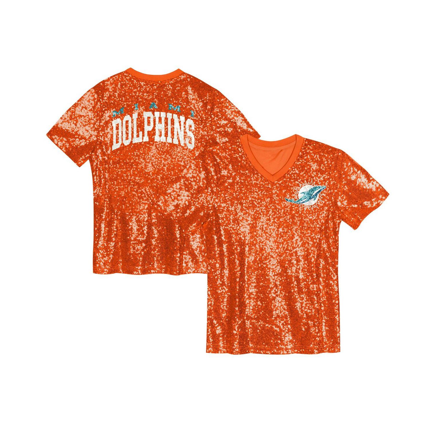 Big Girls Orange Miami Dolphins Wordmark Sequin V-Neck Top