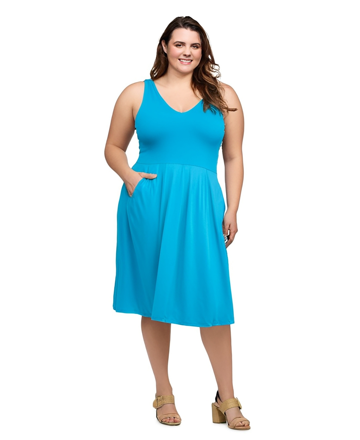 24seven Comfort Apparel Fit And Flare Sleeveless Maternity Midi Dress With Pockets In Turq