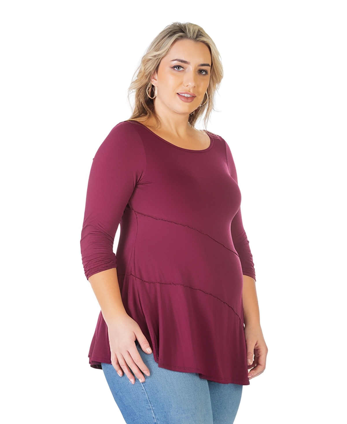 24seven Comfort Apparel Plus Size Ruched Sleeve Swing Tunic Top In Multi