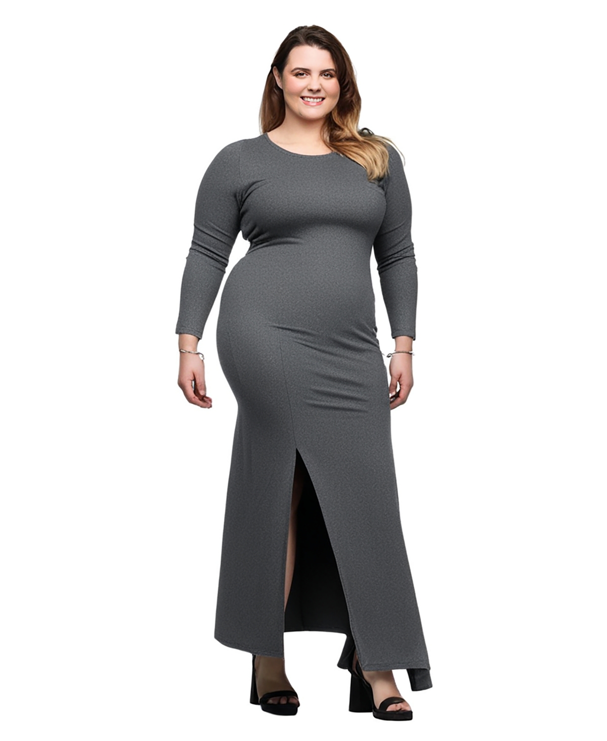 24seven Comfort Apparel Plus Size Long Sleeve Side Slit Fitted Maxi Dress In Grey