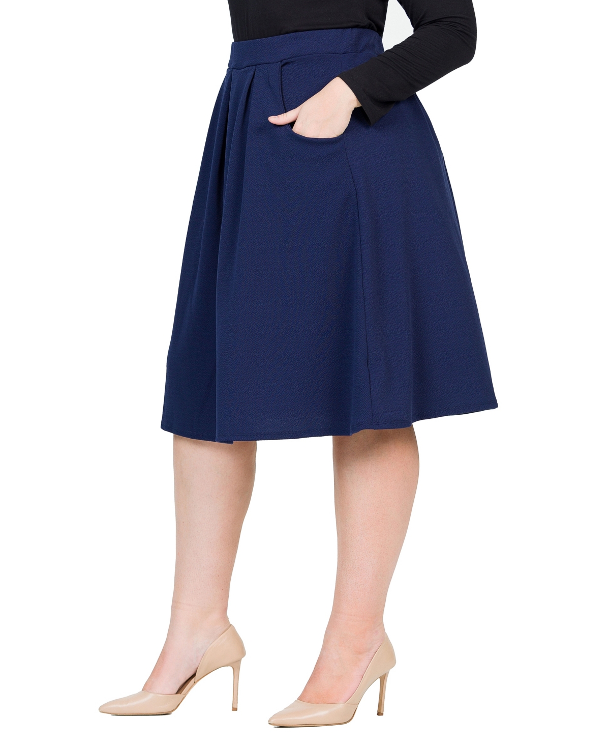 24seven Comfort Apparel Plus Size Elastic Waist Pleated Knee Length Pocket Skirt In Navy