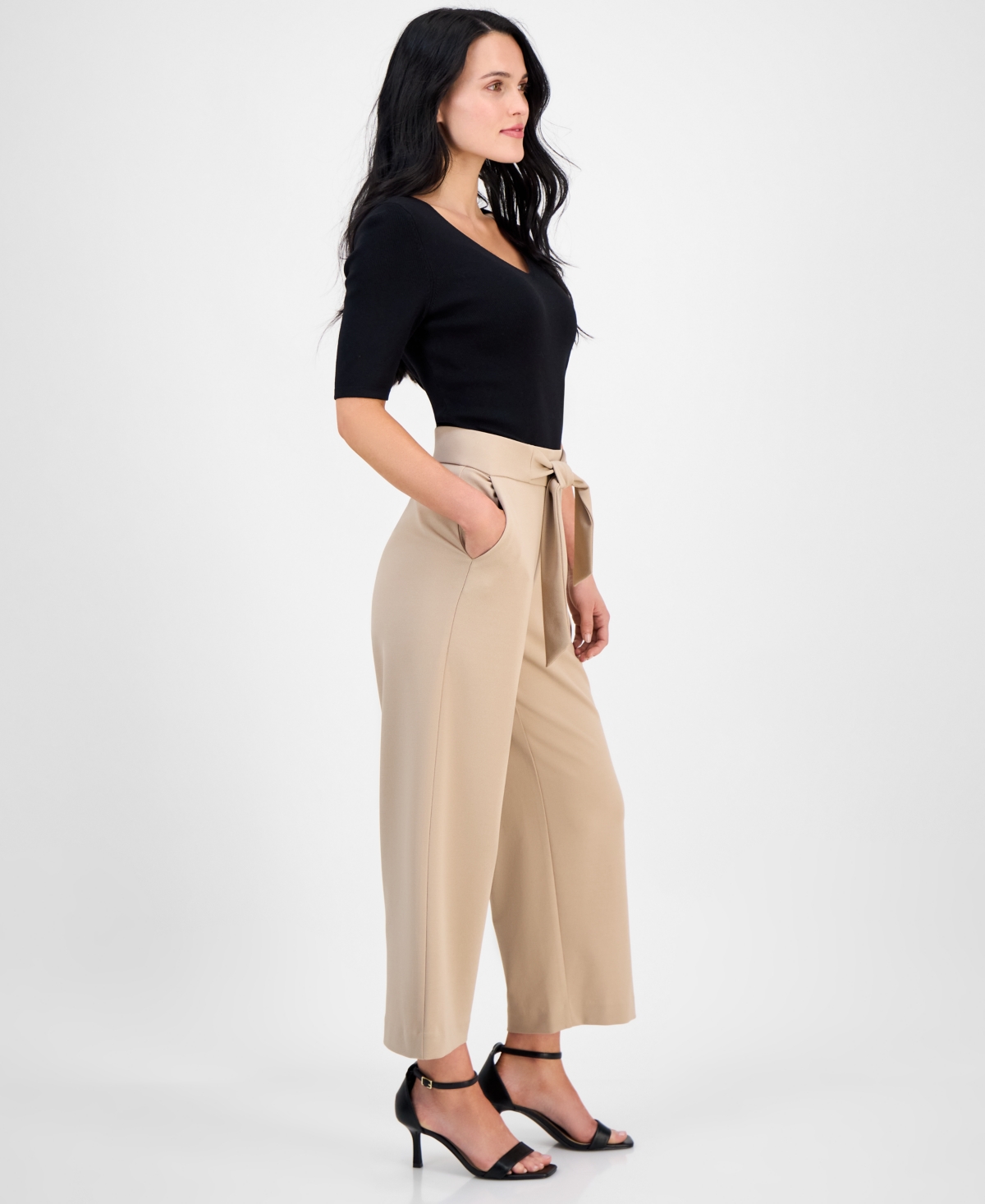 Ak Anne Klein Petite Tie-front Wide-leg Cropped Pants