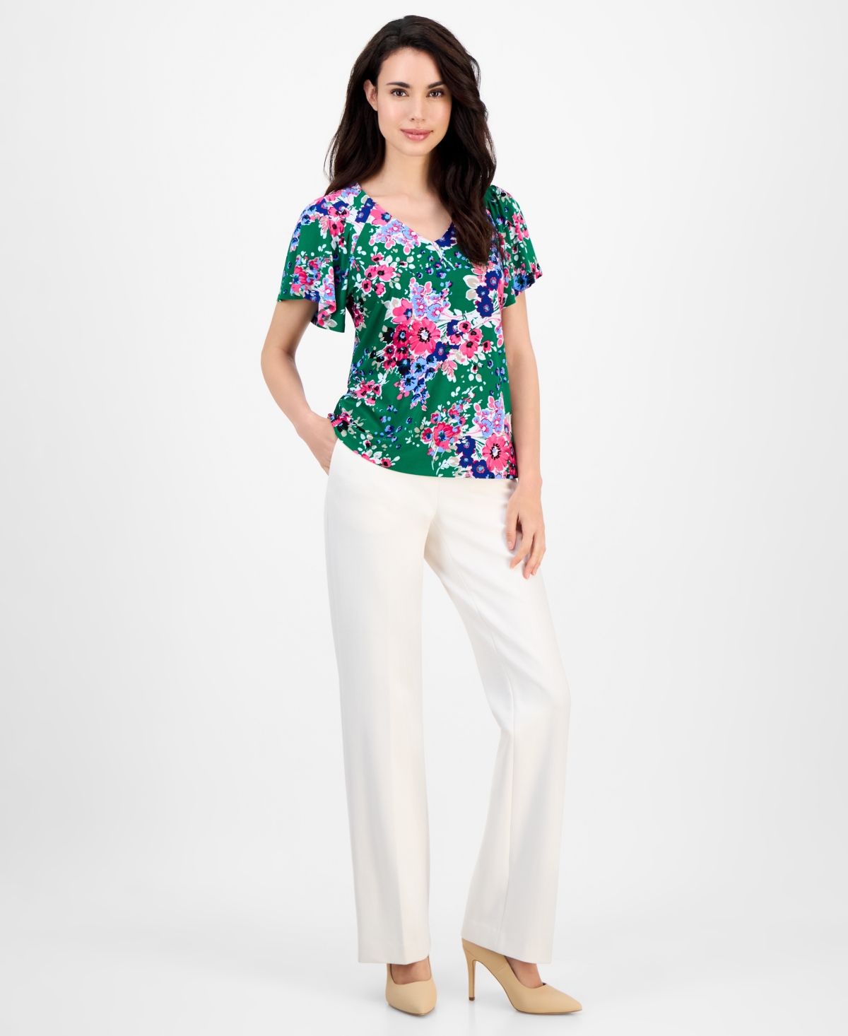 Ak Anne Klein Petite Printed V-neck Flutter-sleeve Top