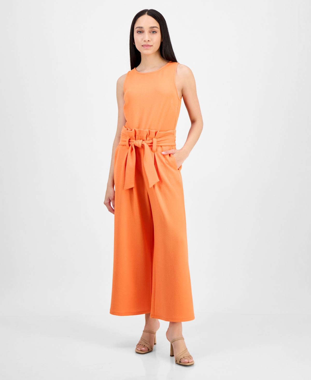 Bar Iii Petite Women's Sleeveless Crewneck Tie-waist Jumpsuit, Created For Macy's