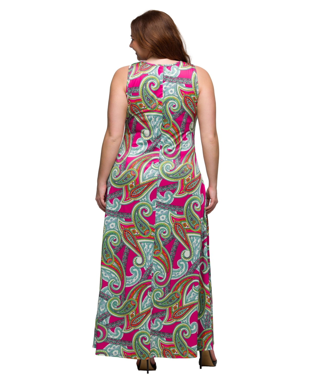 24seven Comfort Apparel Plus Size Print Scoop Neck A-line Sleeveless Maxi Dress In Pink Multi