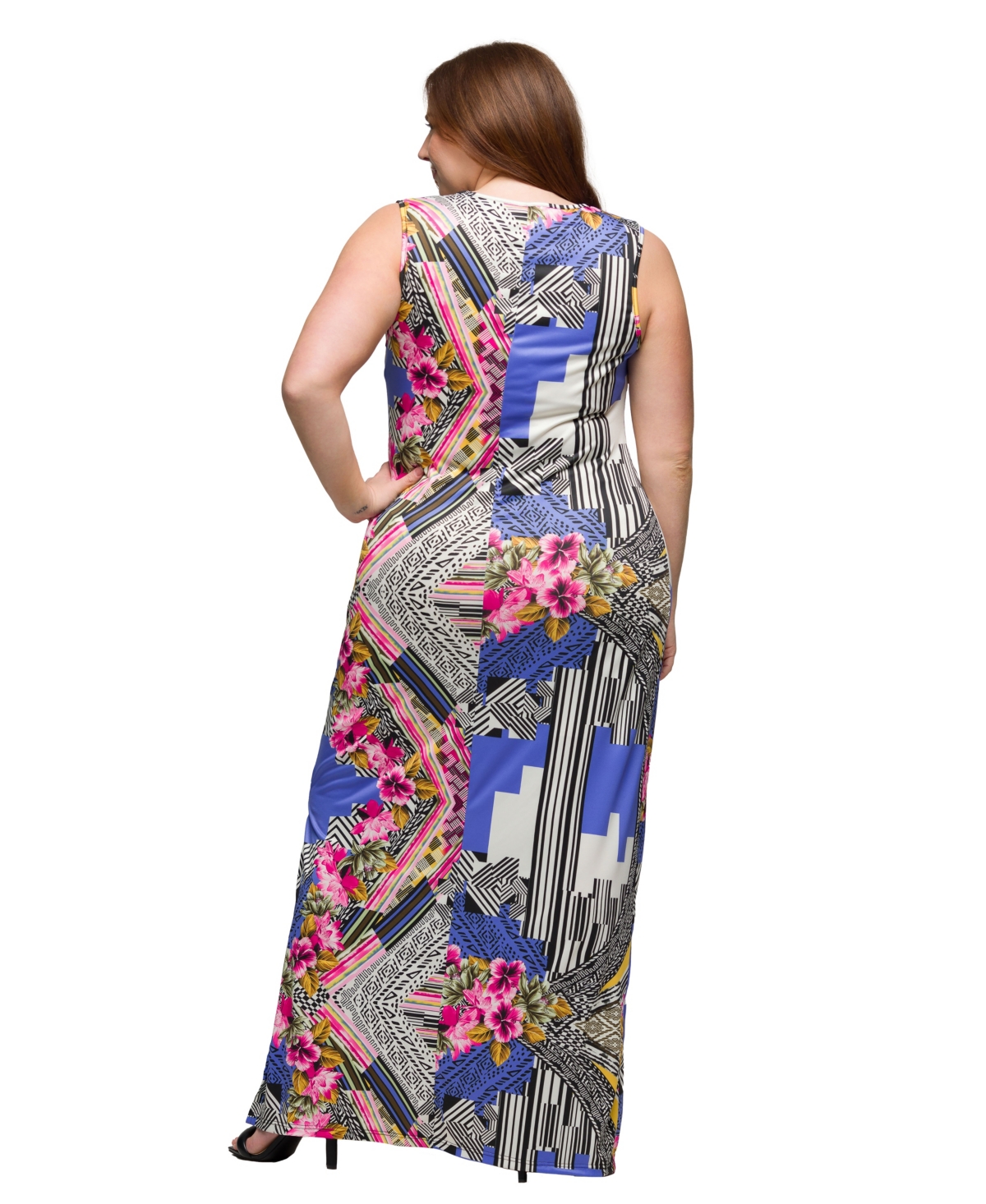 24seven Comfort Apparel Plus Size Print Sleeveless Side Slit Maxi Dress In Pink Multi