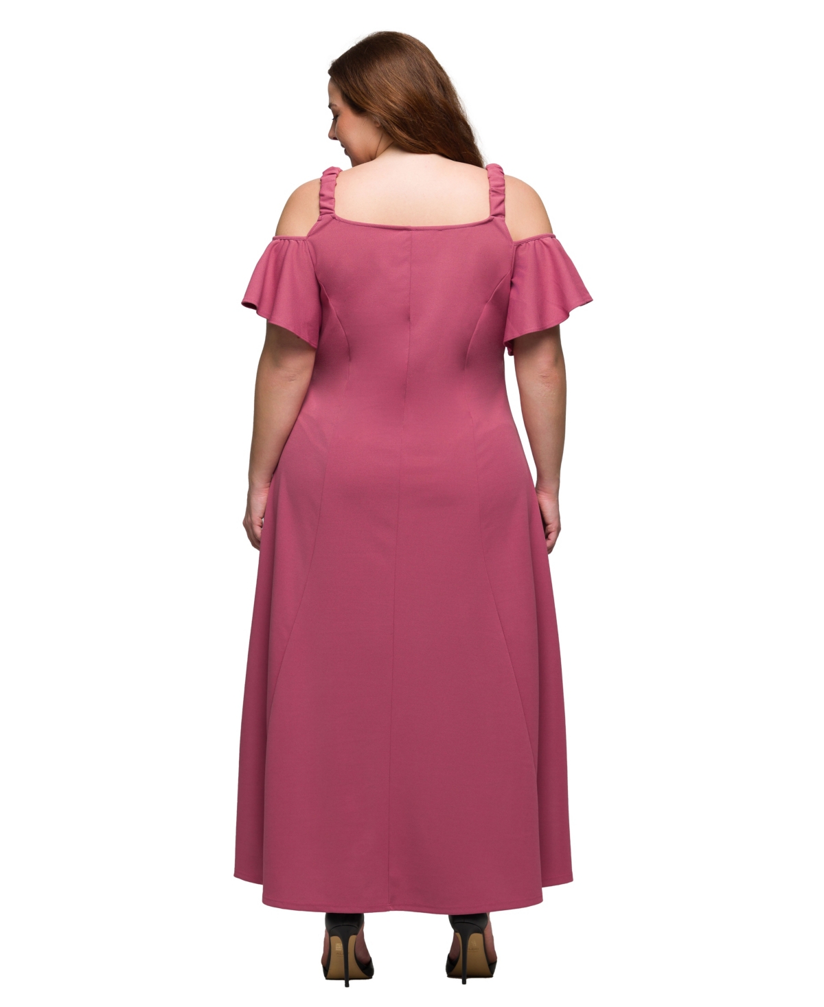 24SEVEN COMFORT APPAREL PLUS SIZE COLD SHOULDER RUFFLE SLEEVE A-LINE MAXI DRESS 