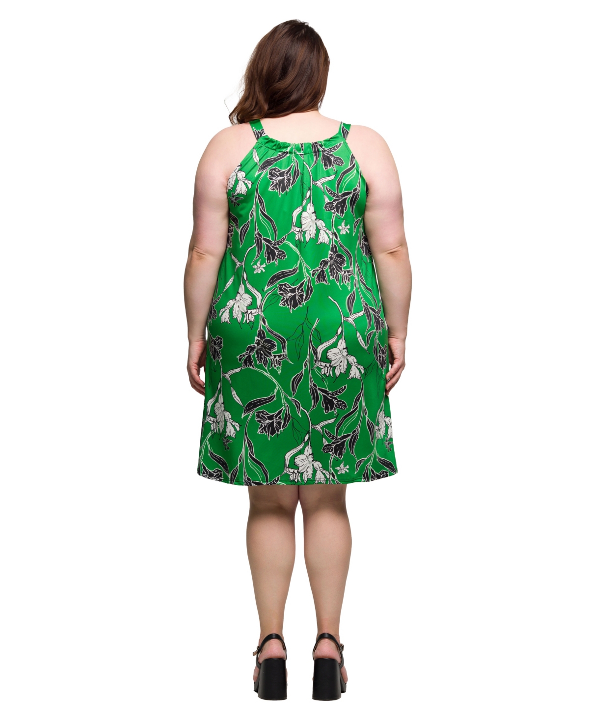 24seven Comfort Apparel Plus Size Knee Length Print Sleeveless Keyhole Dress In Green