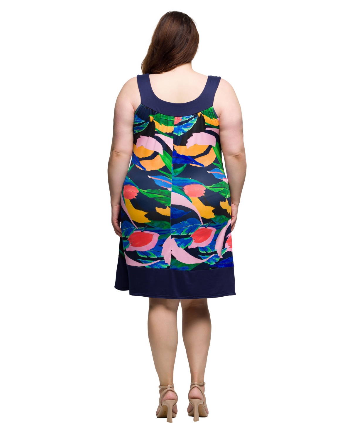 24seven Comfort Apparel Plus Size Scoop Neck Sleeveless Knee Length Dress In Blue Multi