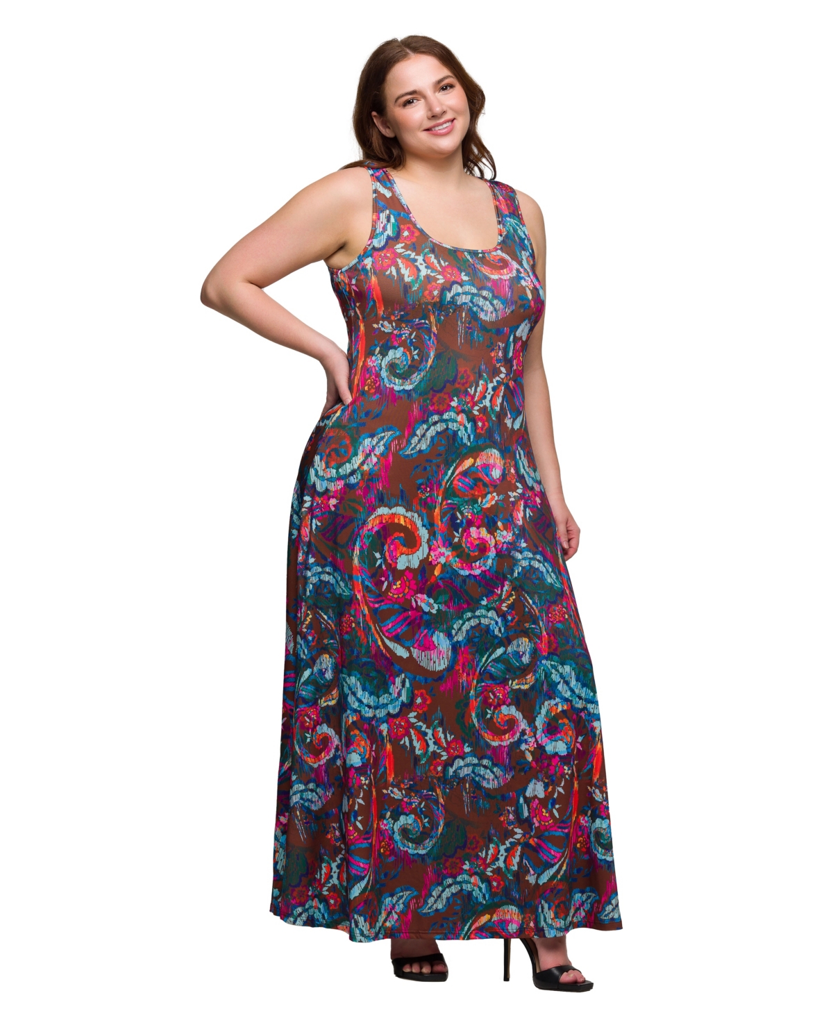 24SEVEN COMFORT APPAREL PLUS SIZE PRINT SCOOP NECK A-LINE SLEEVELESS MAXI DRESS 