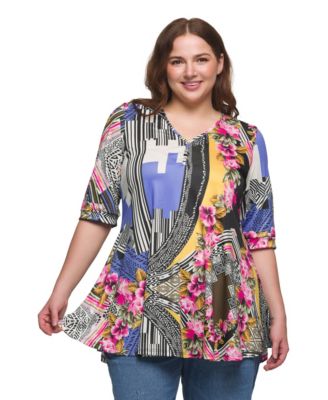 Plus Size Print Elbow Sleeve V-Neck Henley Tunic Top
