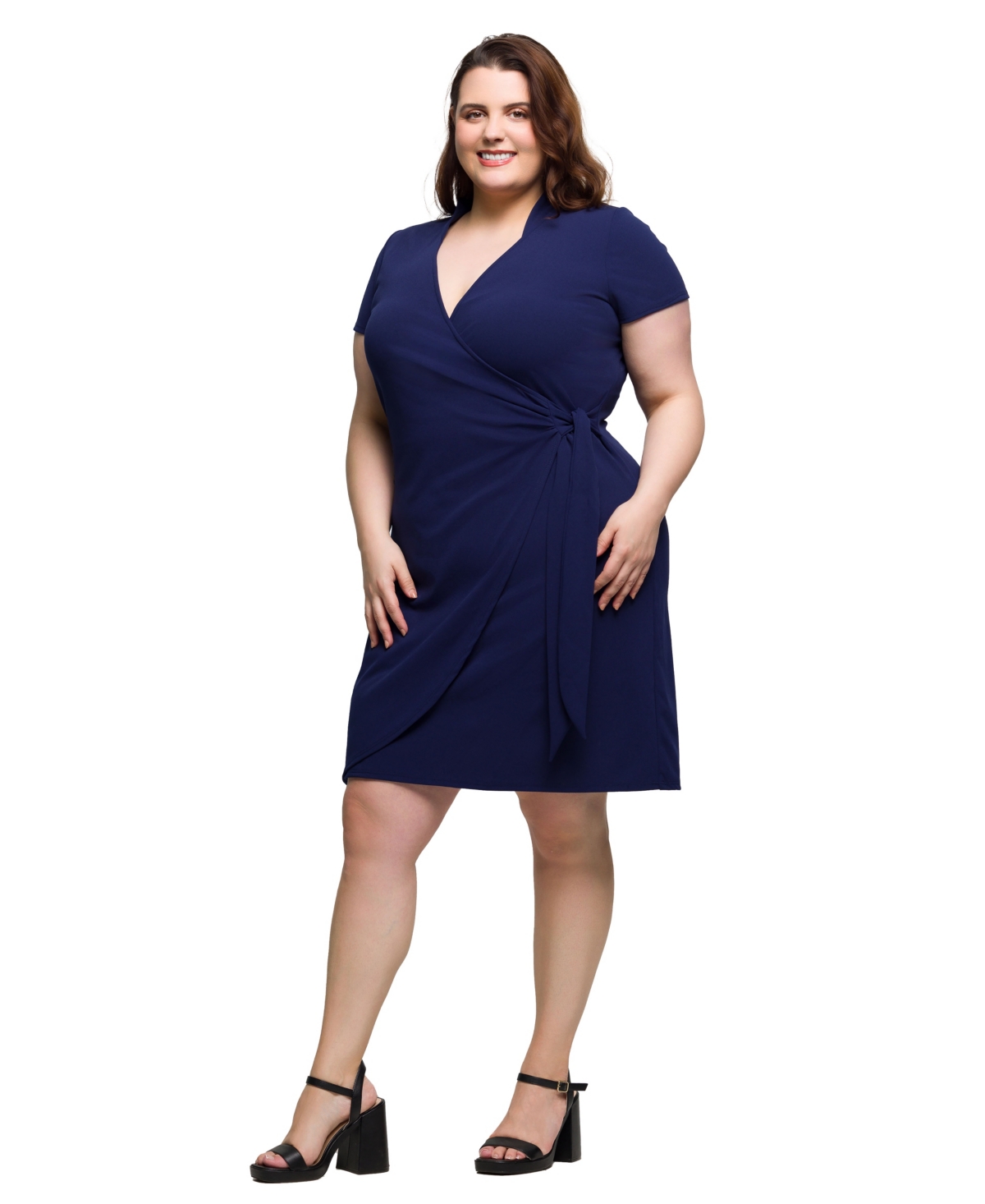 24seven Comfort Apparel Plus Size Mandarin Collar Knee Length Wrap Dress In Burgundy