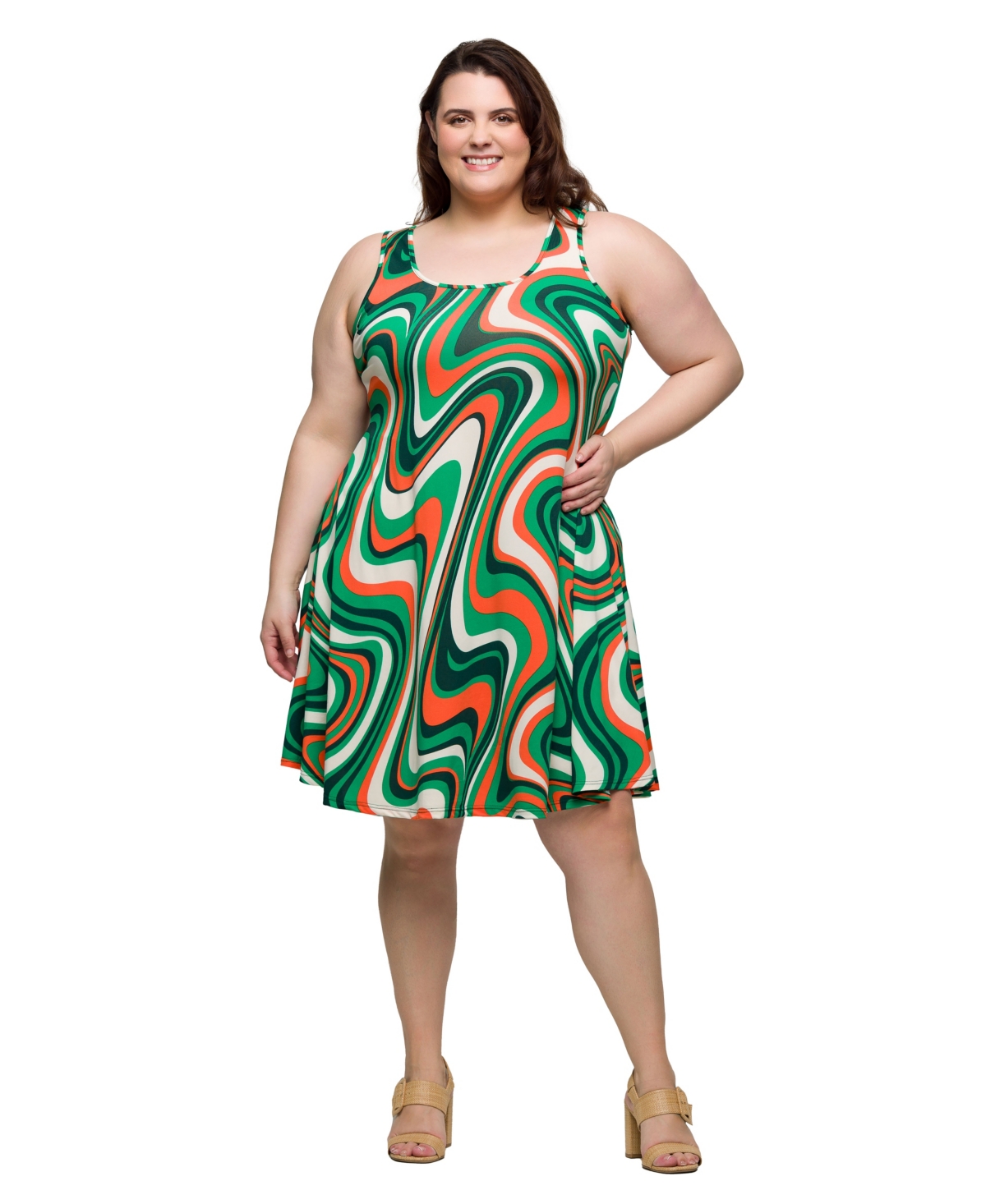Plus Size Print Sleeveless Knee Length Tank Swing Dress - Green Multi