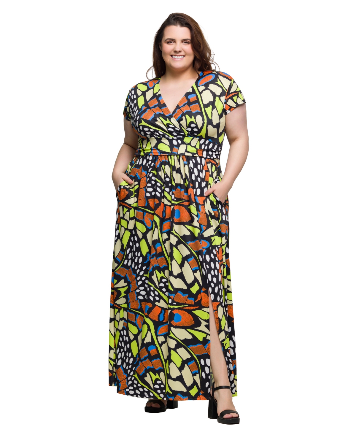 Plus Size Cap Sleeve V-Neck Side Slit Pocket Maxi Dress - Orange Multi