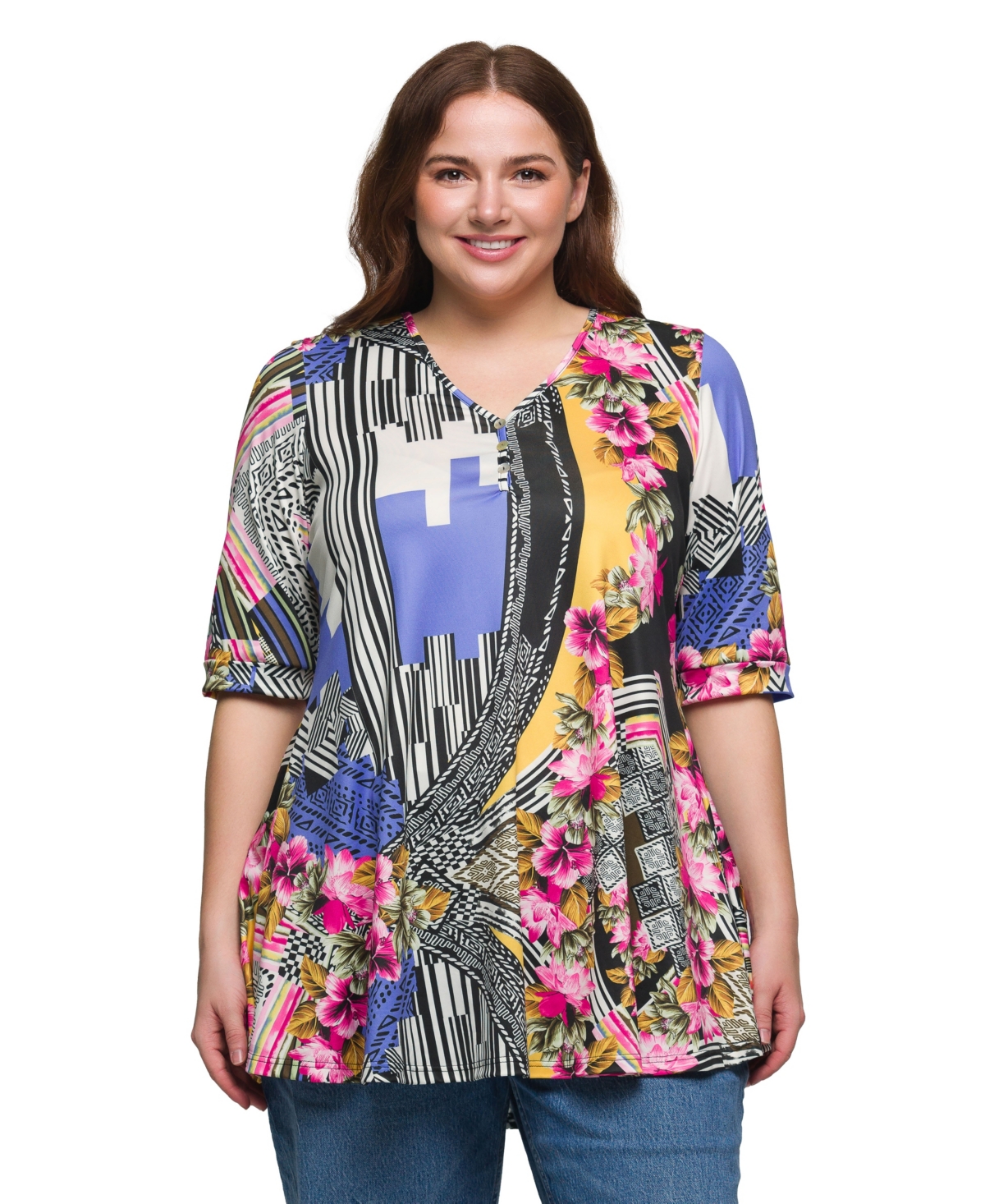 Plus Size Print Elbow Sleeve V-Neck Henley Tunic Top - Blue Multi
