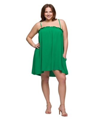Plus Size Square Neck Spaghetti Strap Smocked Pocket Mini Dress