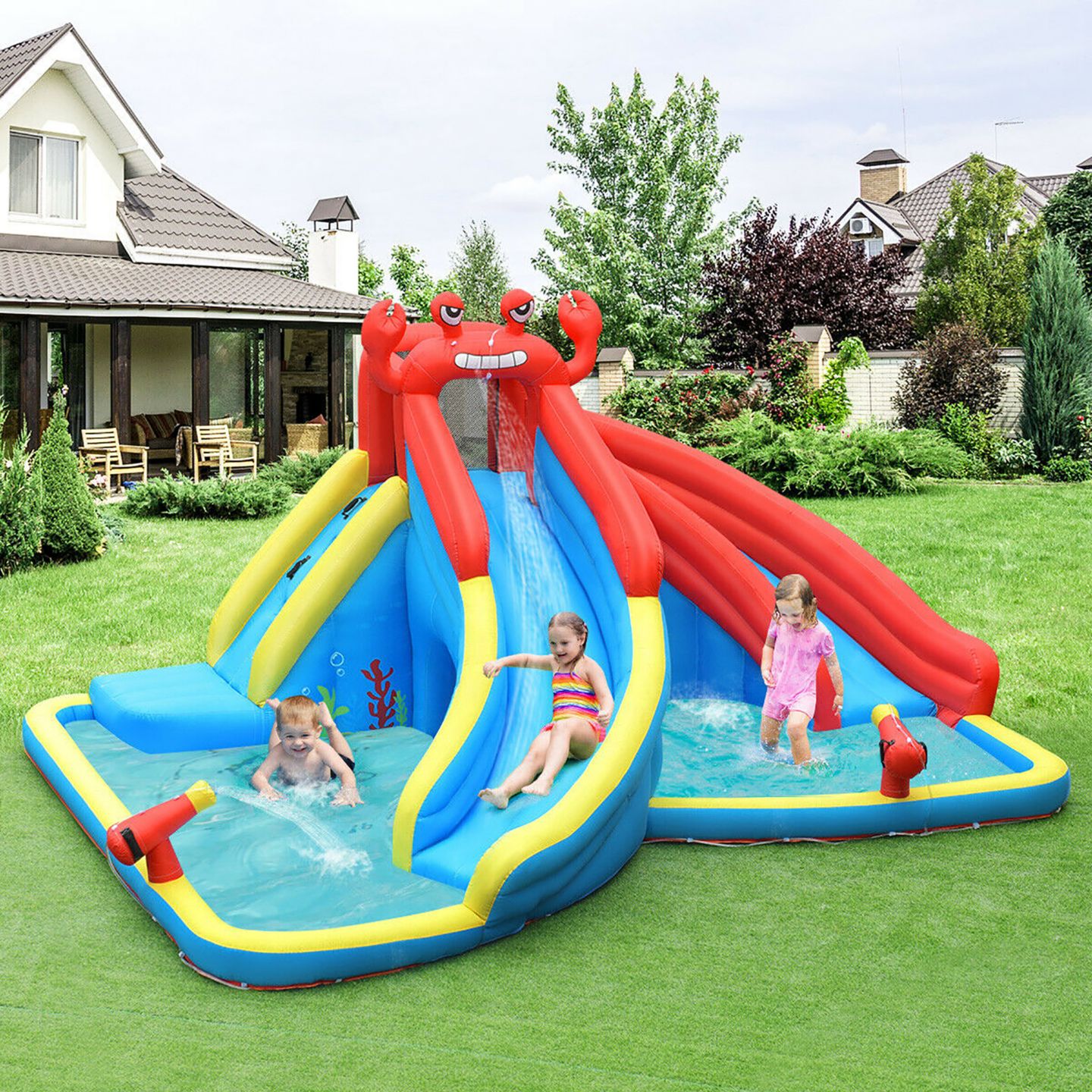 Детская игрушка Costway Inflatable Dual Slide Splash Pool Water Slide Bounce House, 197"L x 157.5"W x 98.5"H, For Up to 5 Children, от 4 лет, цвет: Синий — фото 2