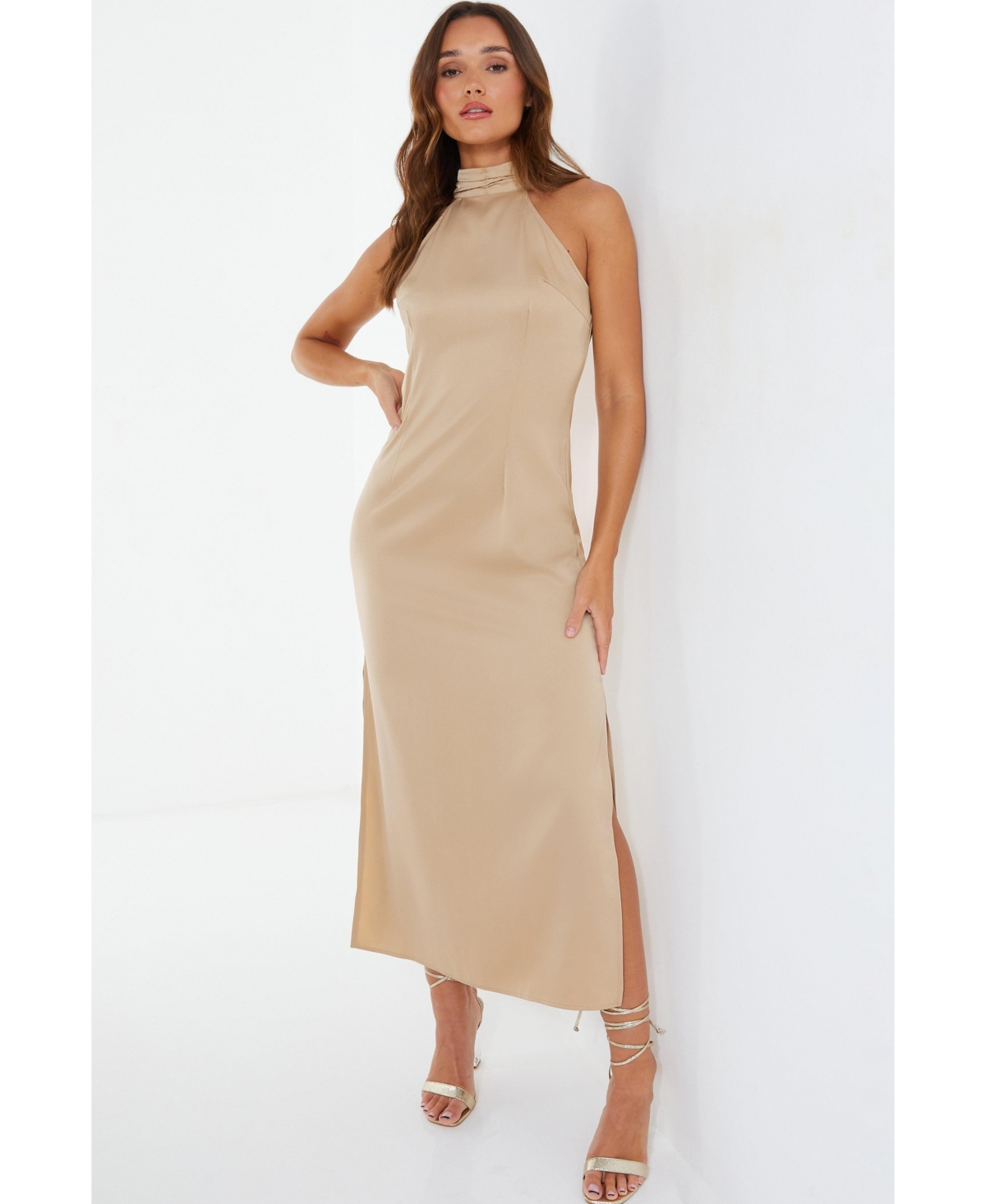 Women's Satin Halter Neckline Midi Dress - Neutral