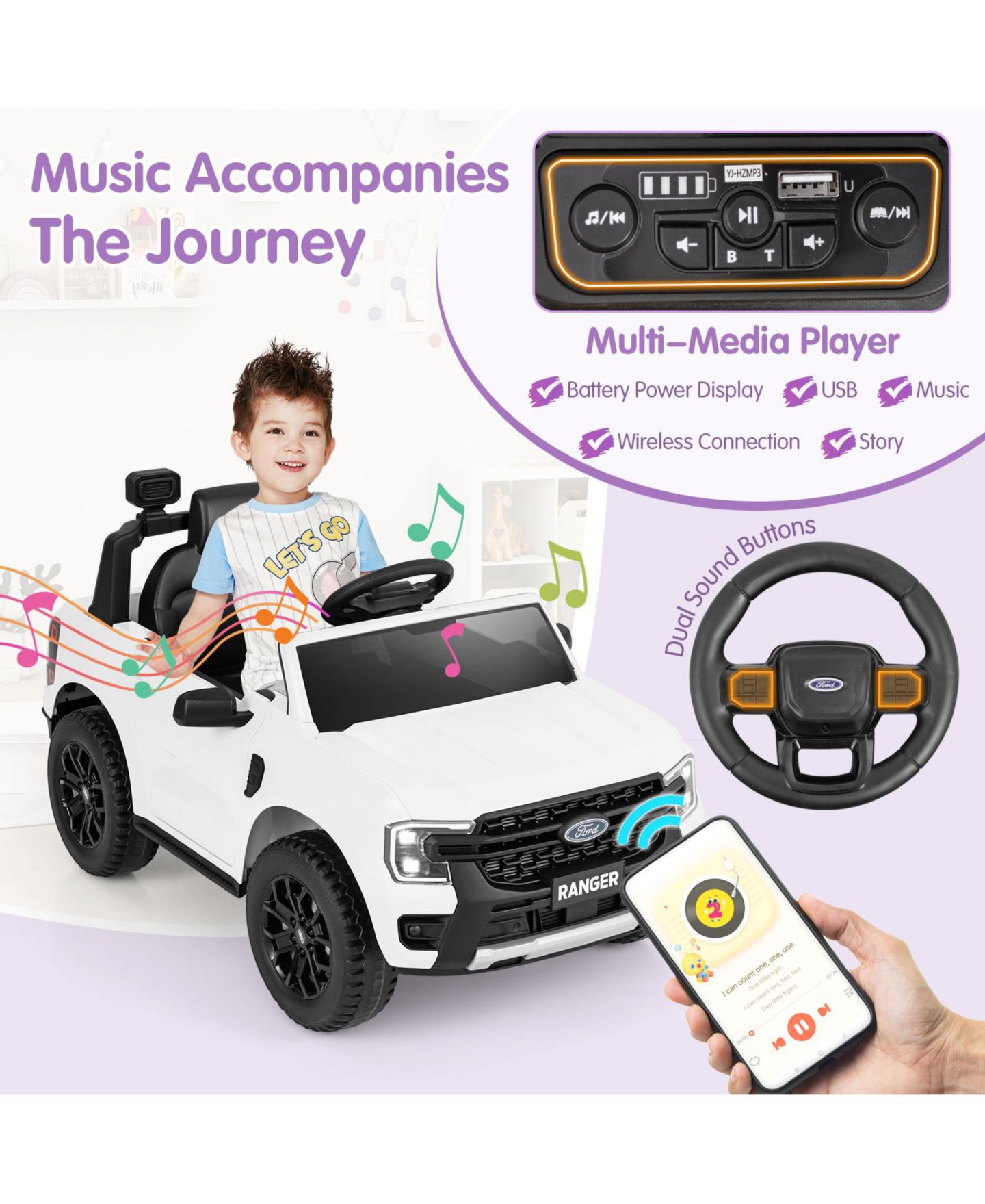 Детская игрушка HONGGE Ford Ranger 12V Remote Control Ride-On Car with Bluetooth Music, Ages 3+, цвет: Белый — фото 5