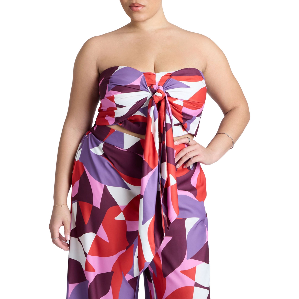 Plus Size Tie Front Scarf Top - Abstract botanical