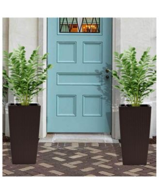 Modern Faux Rattan Square Planter with Irrigation System (2-Pack, 22.6 inch, Brown)