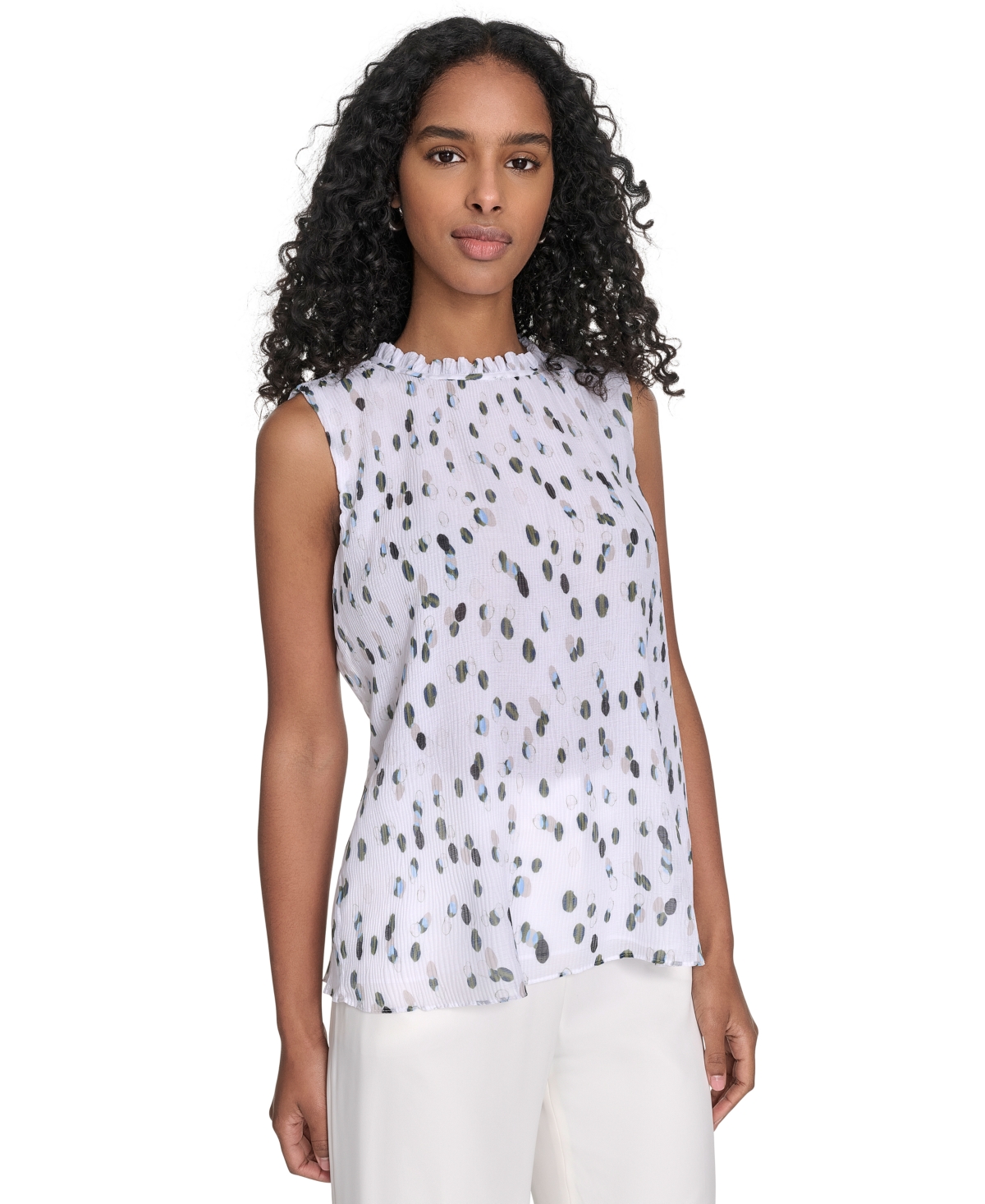 Calvin Klein Women's Printed Ruffled-neck Sleeveless Blouse
