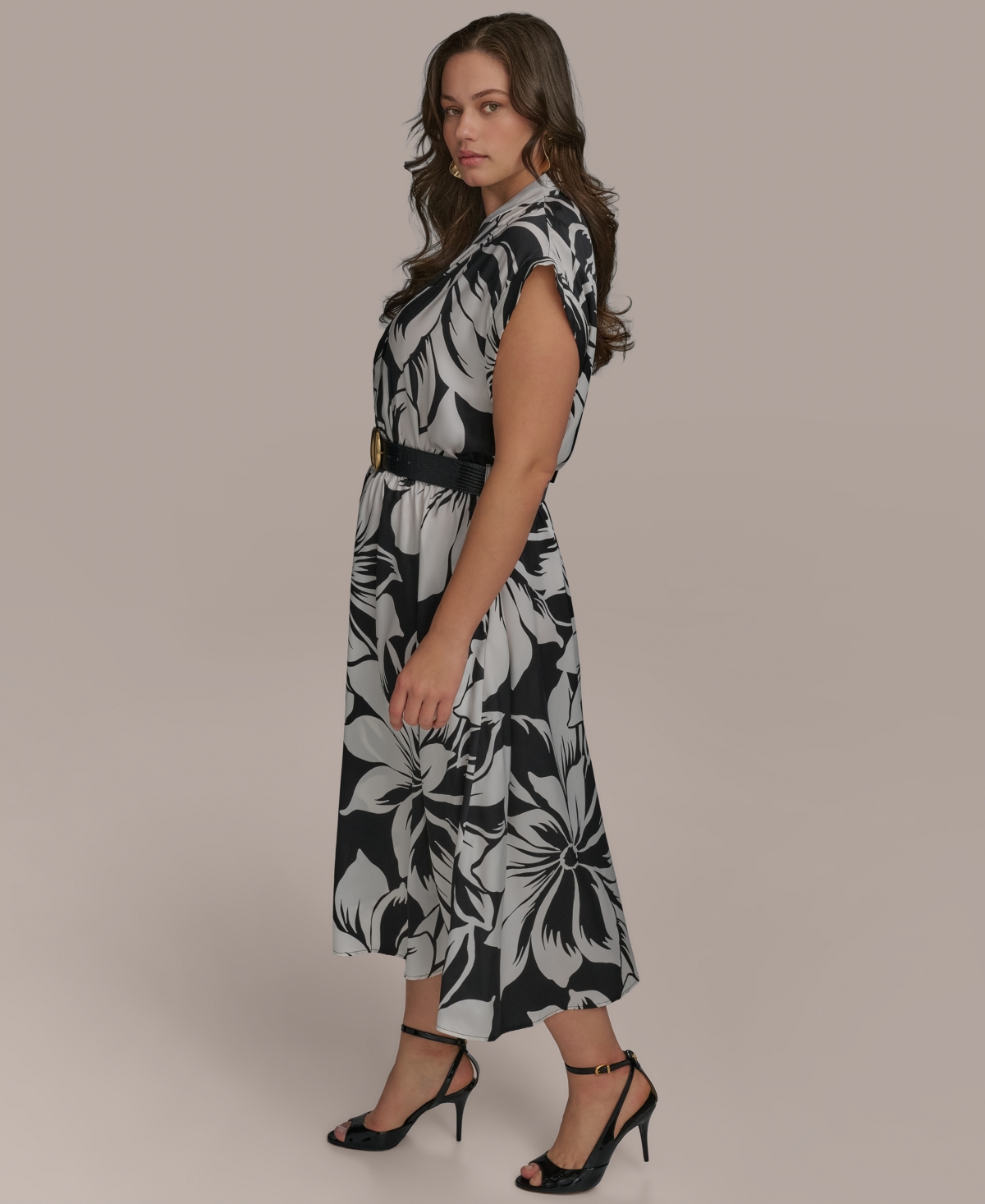 Donna Karan Plus Size Printed Belted A-line Dress In Black Pristine