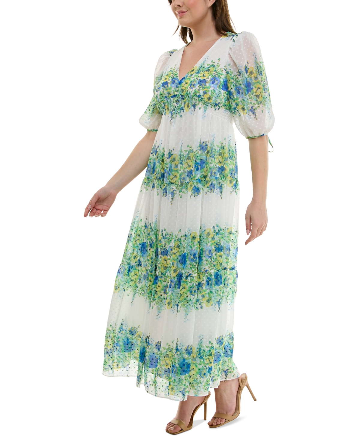 Taylor Plus Size Floral-print Chiffon A-line Midi Dress In Ivory Cerulean