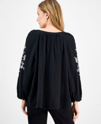 Petite Cotton Textured Floral-Embroidered Blouse, Exclusively at Macy's