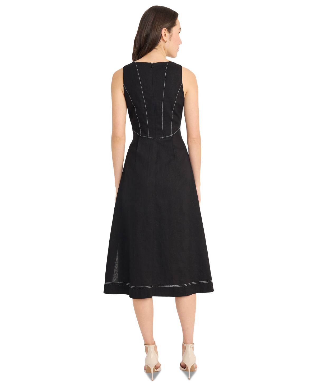 Donna Morgan Contrast Topstitch Sleeveless Linen Blend Midi Dress In Black