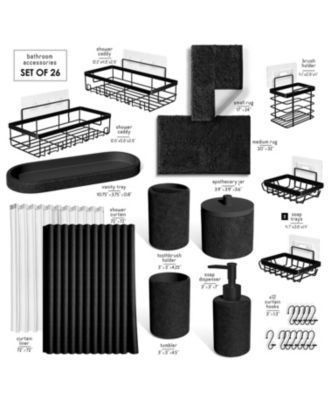 Complete Burlap-Texture Polyresin Bathroom Decor & Accessory Set with Shower Curtain, Shower Caddy Set & Bath Rugs