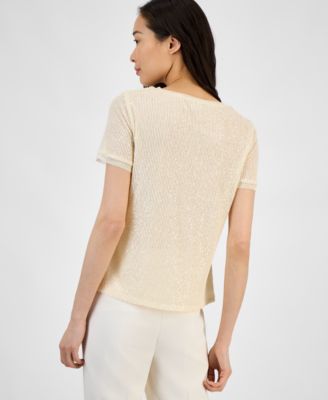 Миниатюрная футболка с коротким рукавом из сетки с блестками Anne Klein