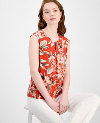 Женский топ с плиссированным вырезом и короткими рукавами в цветочек от Kasper