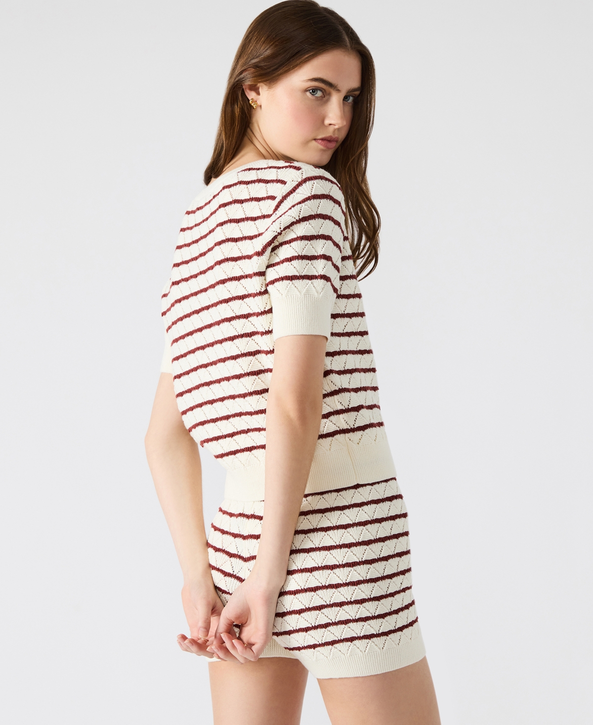 Steve Madden Women's Norris Striped Pointelle Short-sleeve Sweater