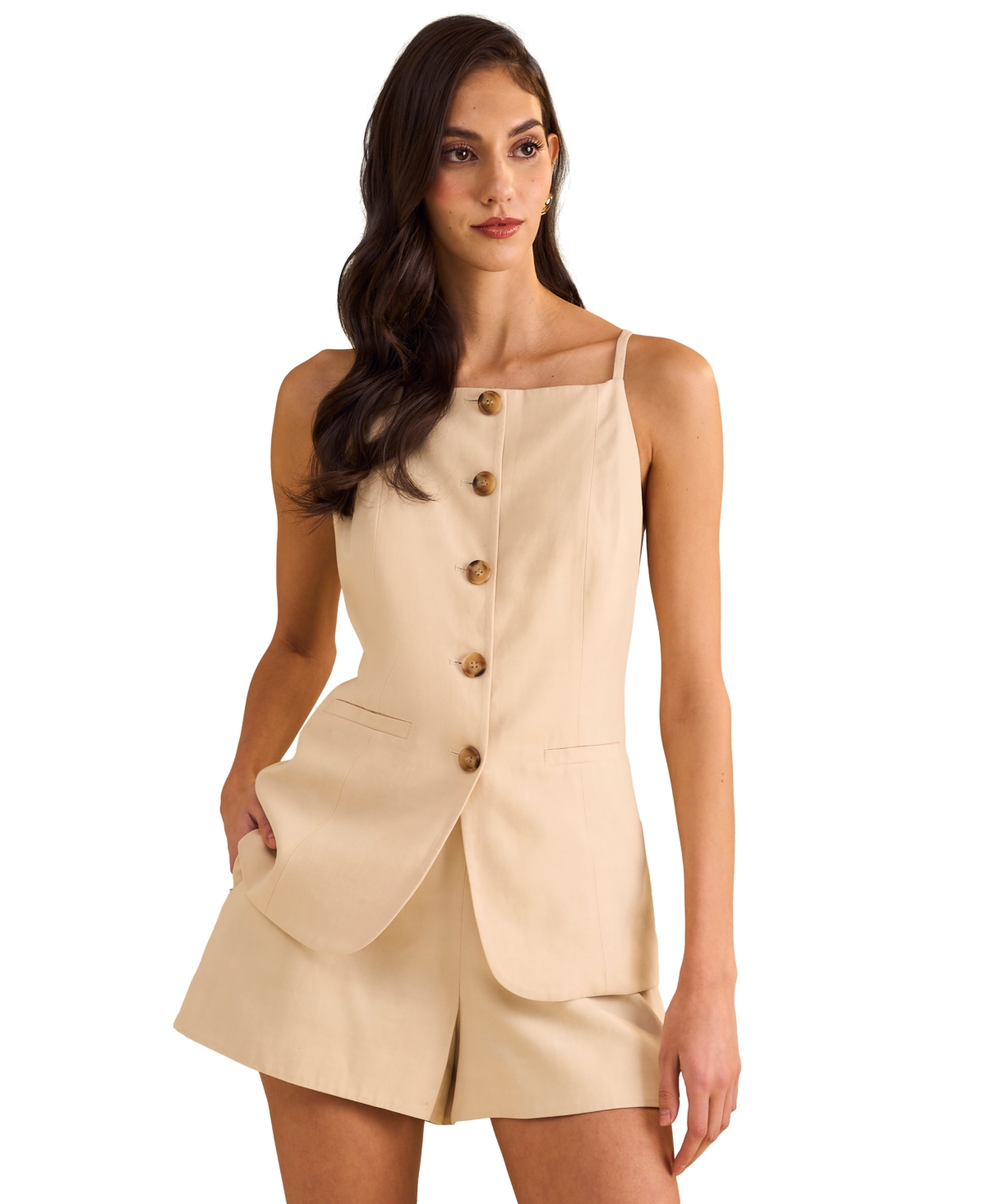 Women's Square-Neck Button-Front Long Vest - Goji Berry
