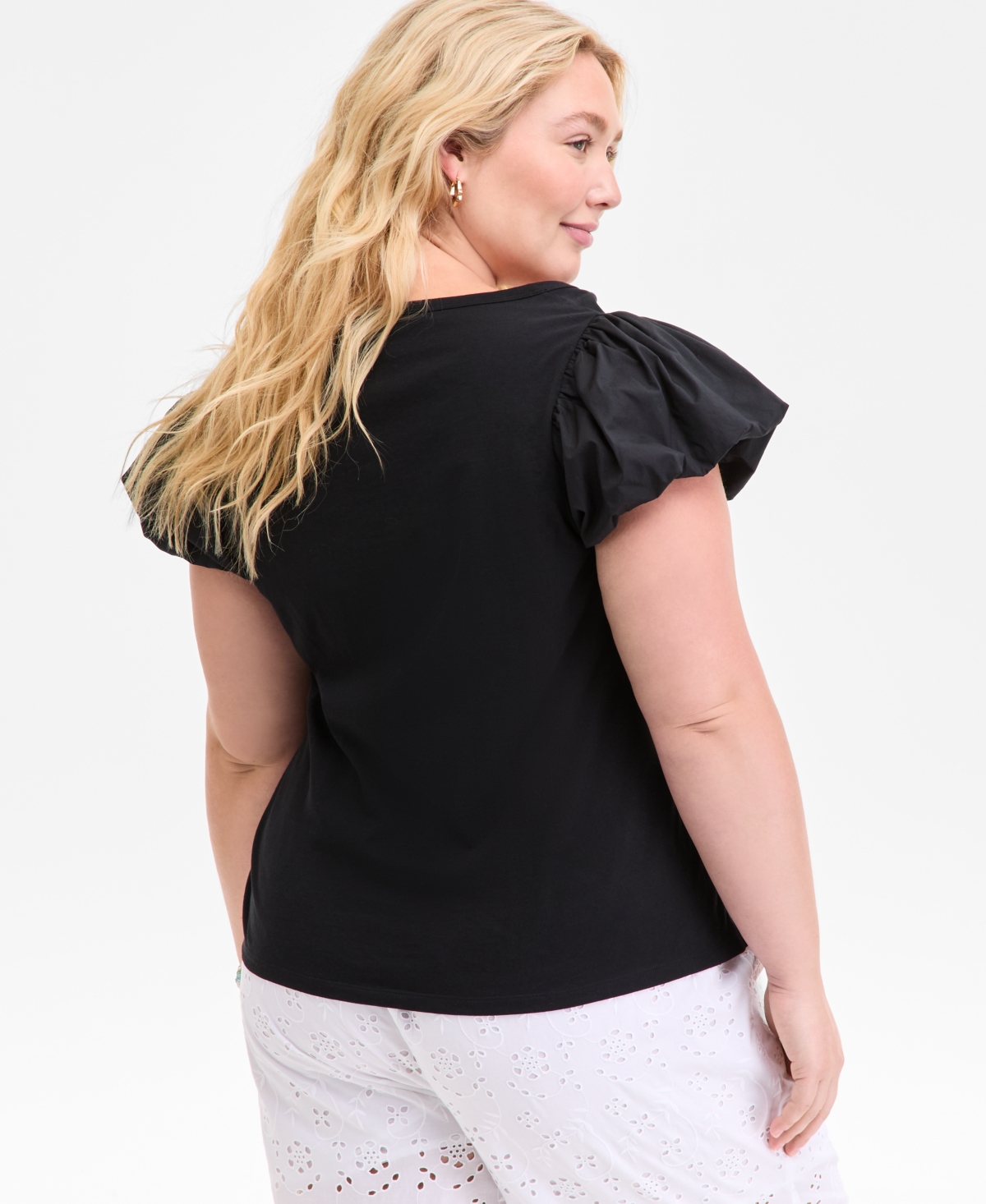 ON 34TH TRENDY PLUS SIZE U-NECK SHORT-PUFF-SLEEVE COTTON TOP, EXCLUSIVELY AT MACY'S 