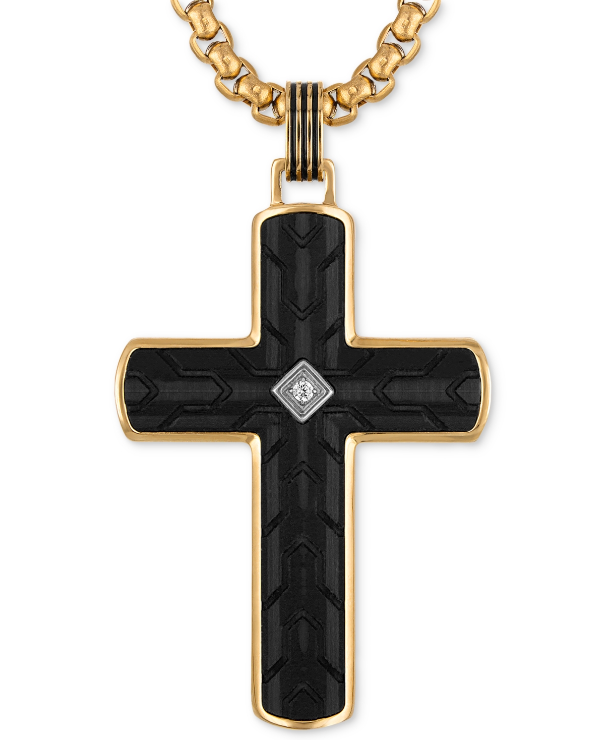 Diamond Accent Carbon Fiber Cross 22" Pendant Necklace in Stainless Steel & Black & Gold-Tone Ion-Plate, Exclusively at Macy's -