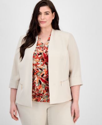 Kasper - Plus Size Zip-Pocket Cuffed 3/4-Sleeve Blazer