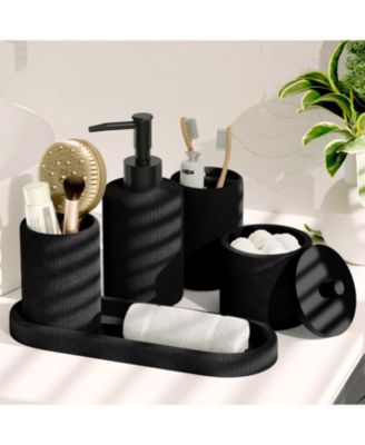 Complete Burlap-Texture Polyresin Bathroom Decor & Accessory Set with Shower Curtain & Bath Rugs