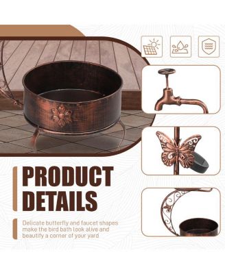 Vintage Metal Garden Bird Bath with Solar Lamp and Flower Planter Pedestal Standing Bird Feeder