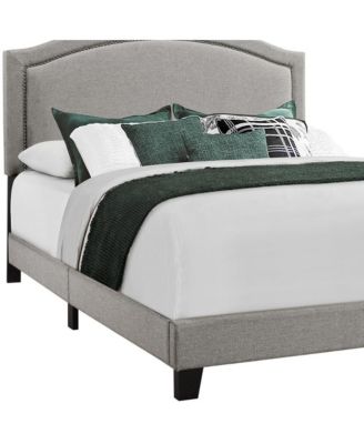 Elegant Solid Wood Bed Frame with Upholstered Linen and Nailhead Accents