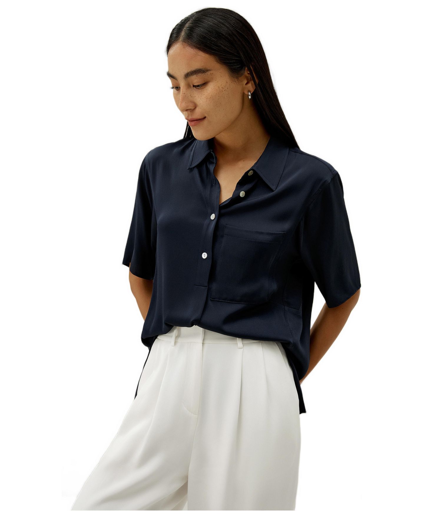 Женская рубашка LILYSILK Half-Placket Short Sleeve Button Up Streachy Silk, цвет: Полуночный синий — фото 2