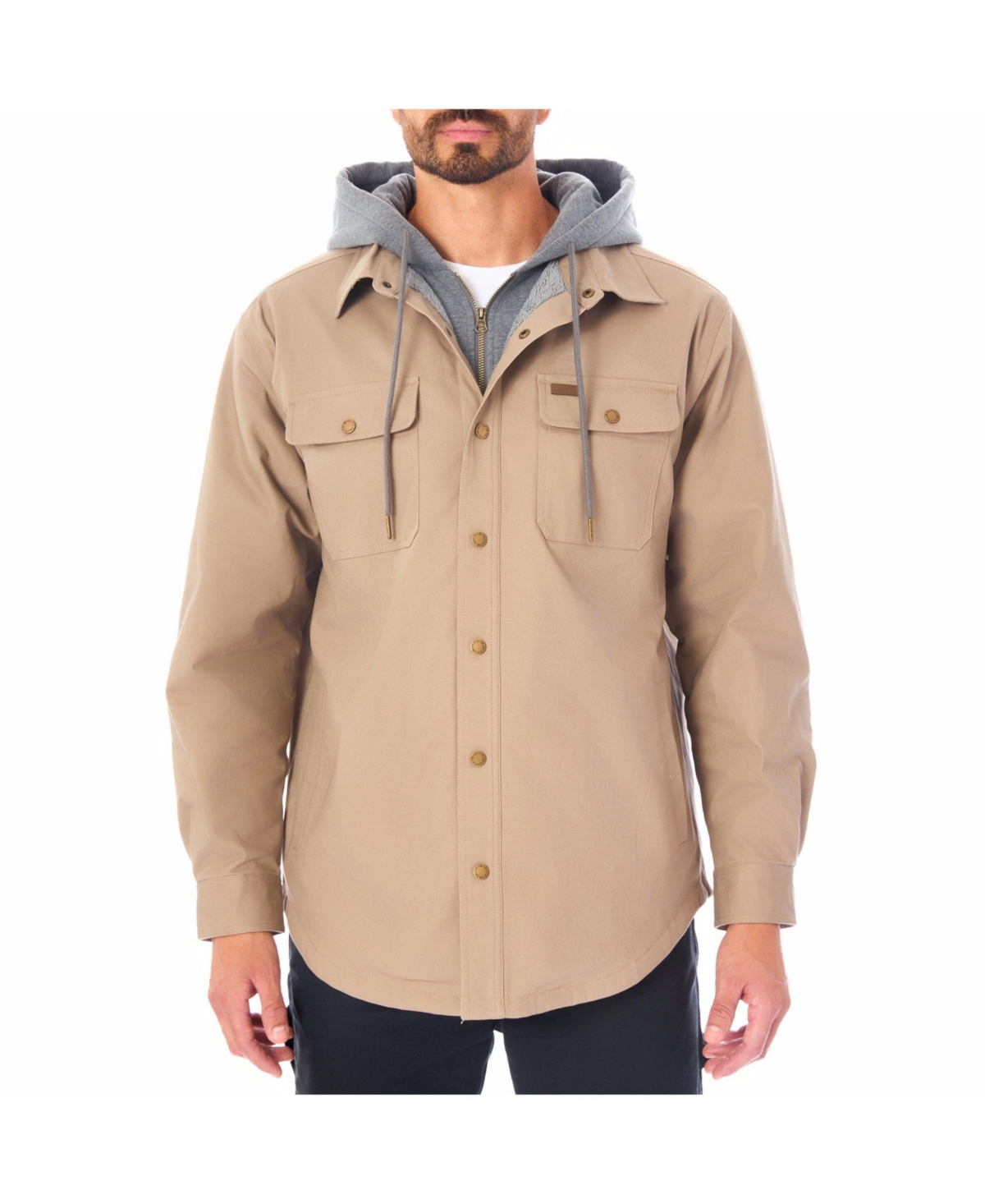 Men's Sherpa-Lined Hooded Stretch-Canvas Snap Shirt-Jacket - Camel brown