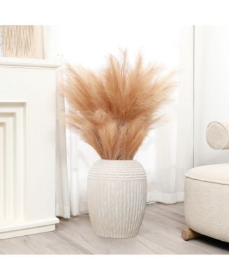 Beige Ribbed Round 15.2-Inch Tall MgO Vase