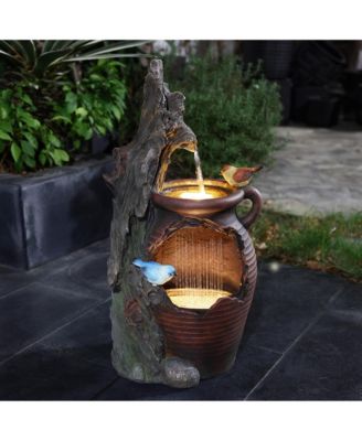 Rain Barrel with Tree and Birds 2.5-Feet Tall Outdoor Polyresin Fountains with Light