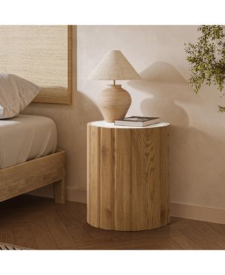 Wood Grain Manufactured Wood 18.9-Inch Tall Round End and Side Table with Faux Marble Top