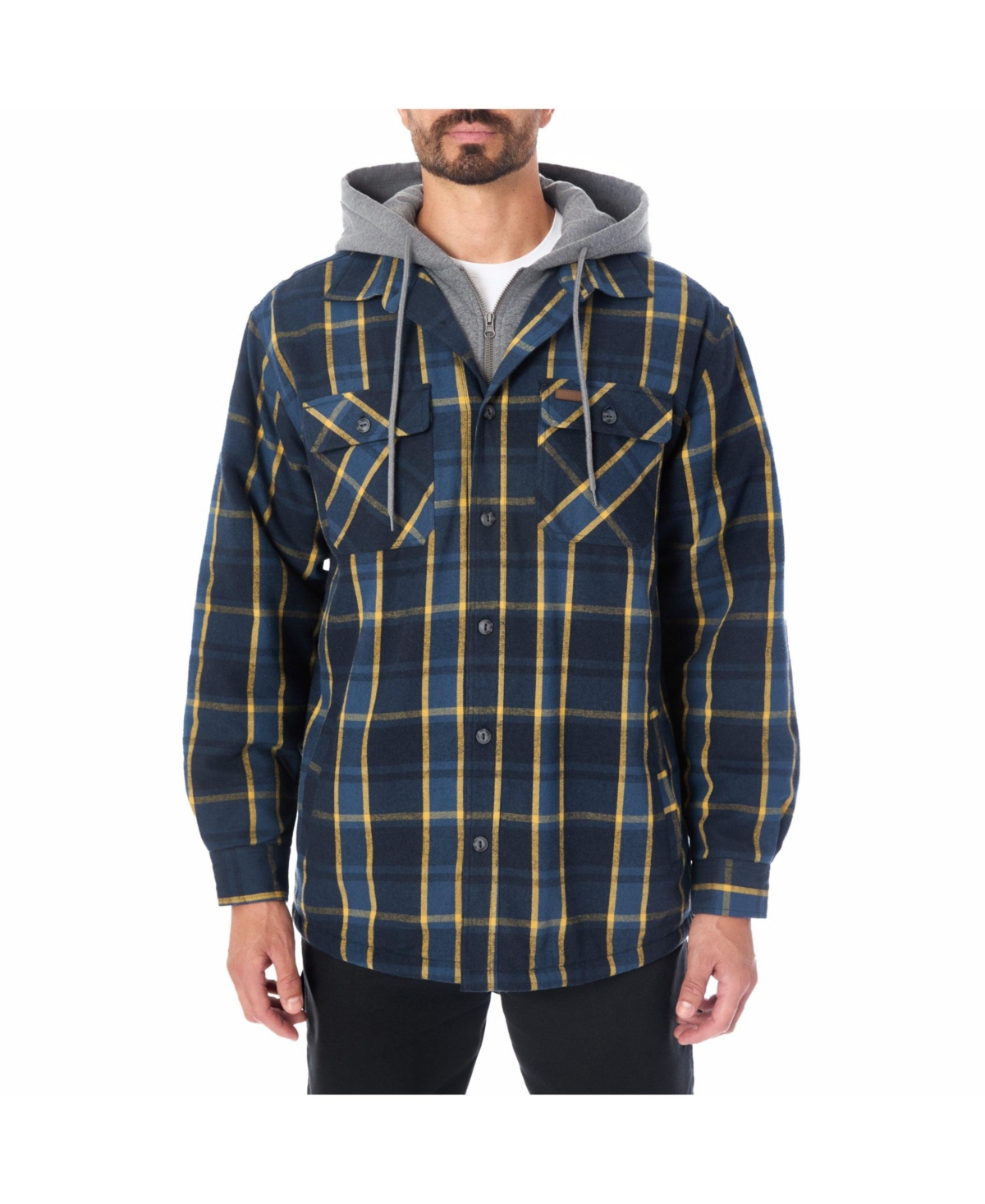 Men's Sherpa-Lined Hooded Flannel Shirt-Jacket with Inset - Grey/brown-618