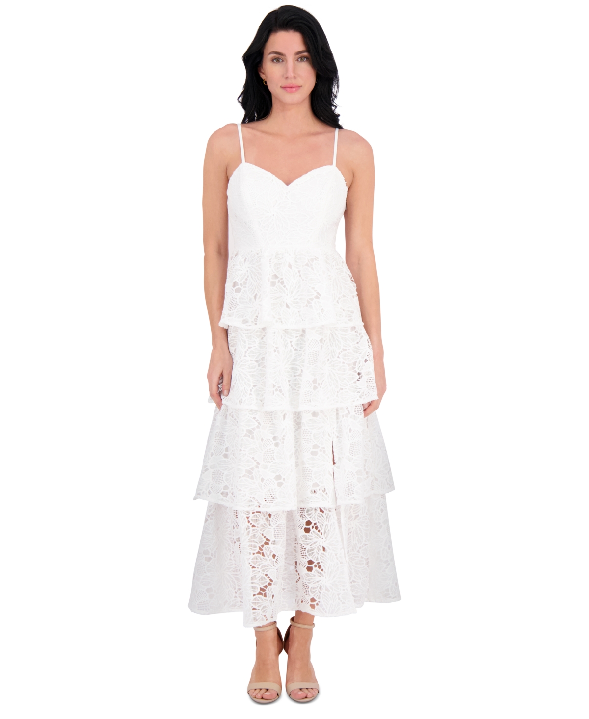 Women's Embroidered-Lace Ruffle-Tiered Dress - White
