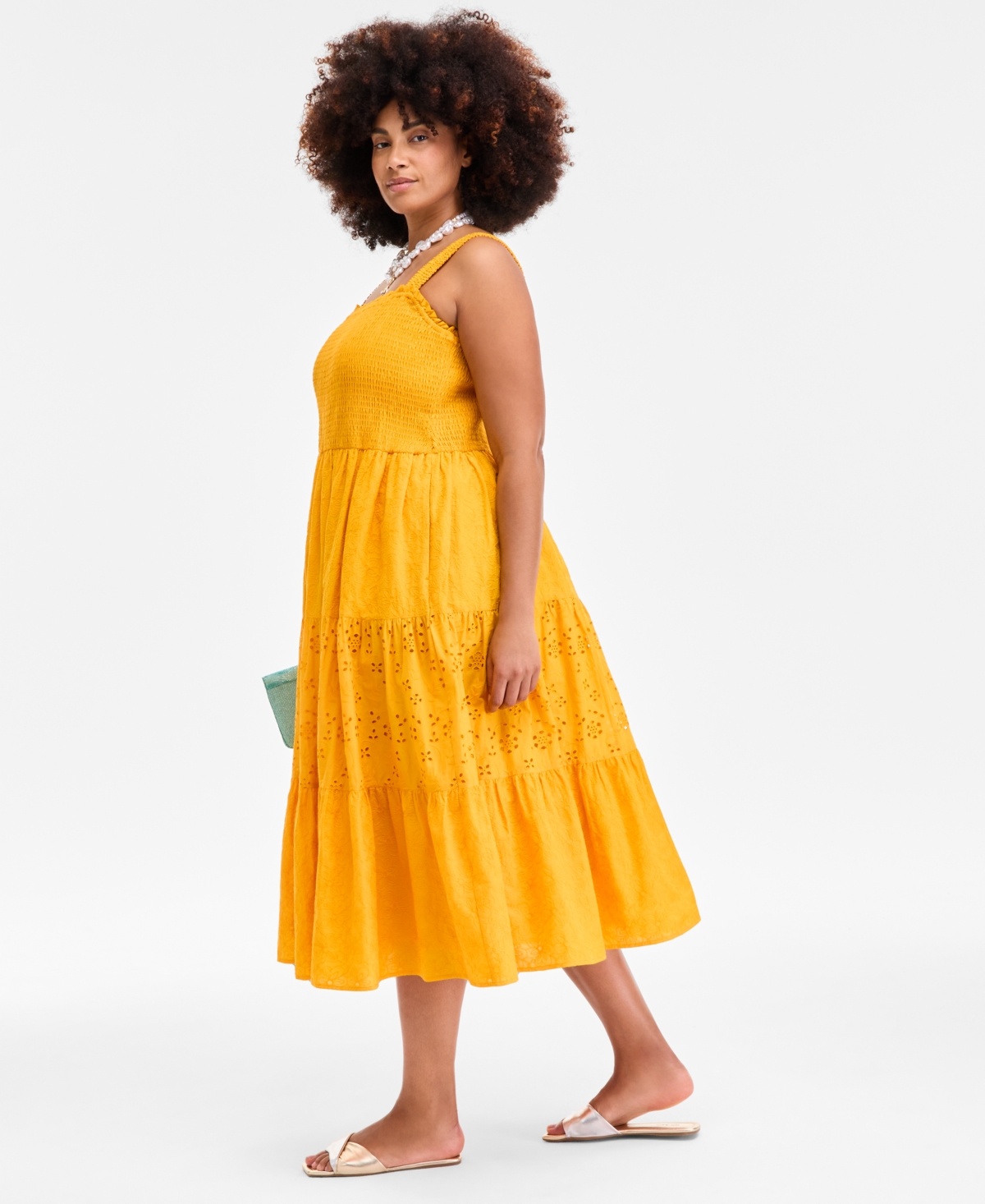 On 34th Womens Cotton Smocked Sleeveless Midi Dress Crochet Bag Layered Pendant Necklace Stretch Bracelet Ex In Orange