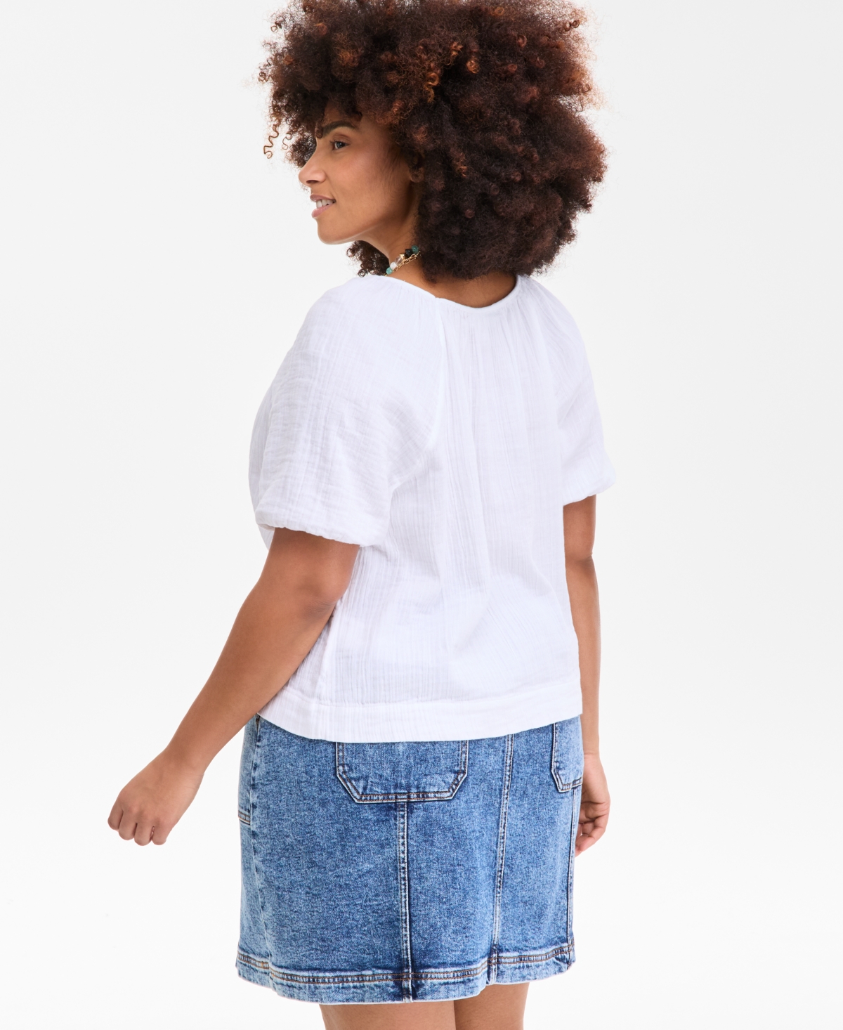 On 34th Plus Size Cotton Gauze Scoop-neck Puff-sleeve Top, Exclusively At Macy's